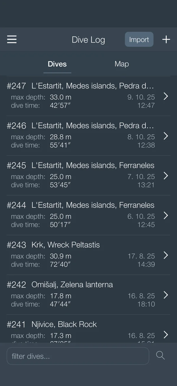 Dive log list